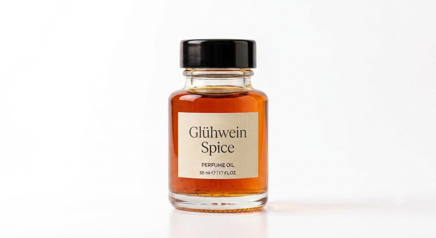 Glühwein Spice perfume oil concentrate, deep amber liquid in a glass bottle with black cap and cream label