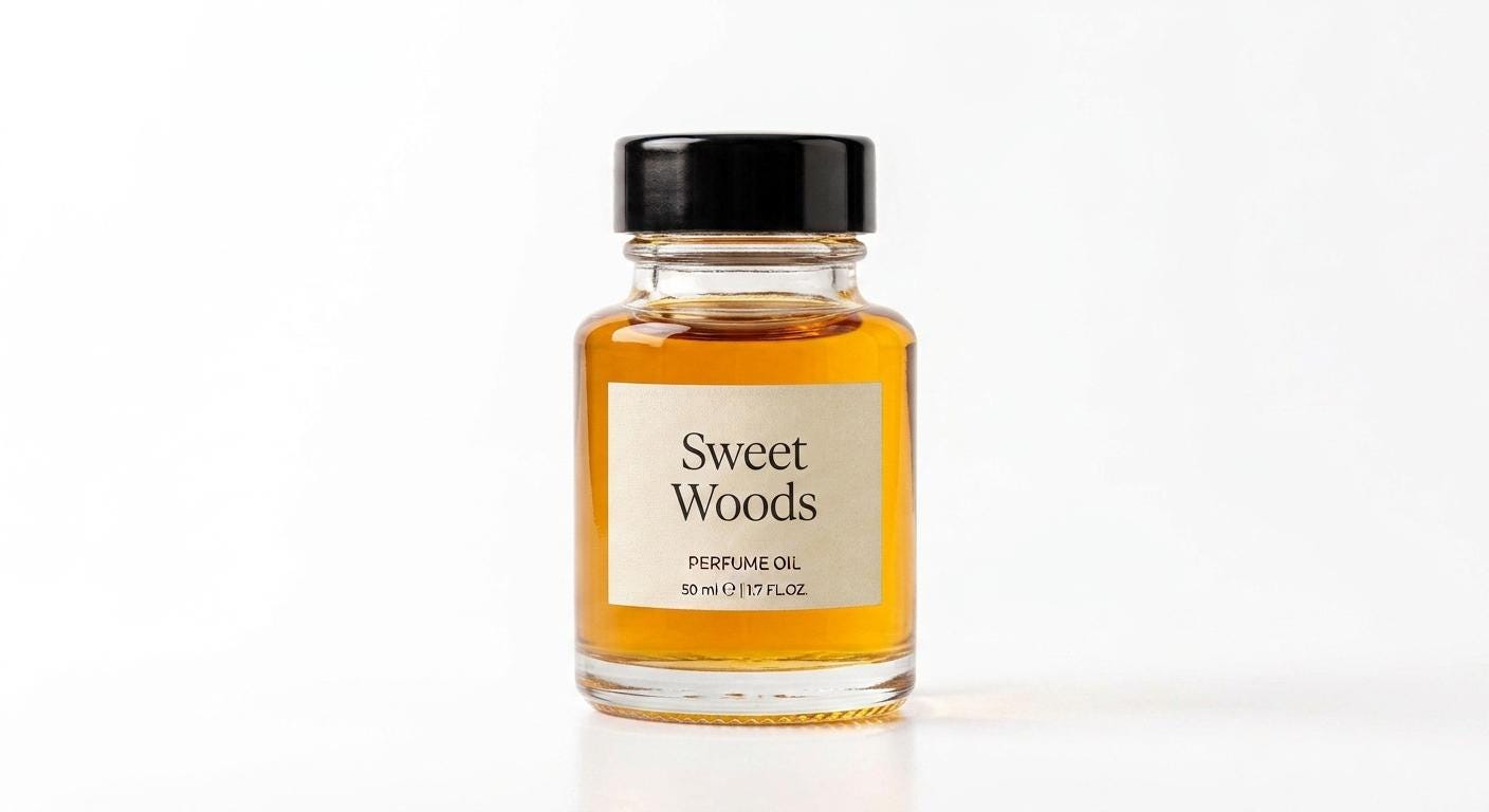 Sweet Woods perfume oil concentrate in a glass bottle by Ambre Royale