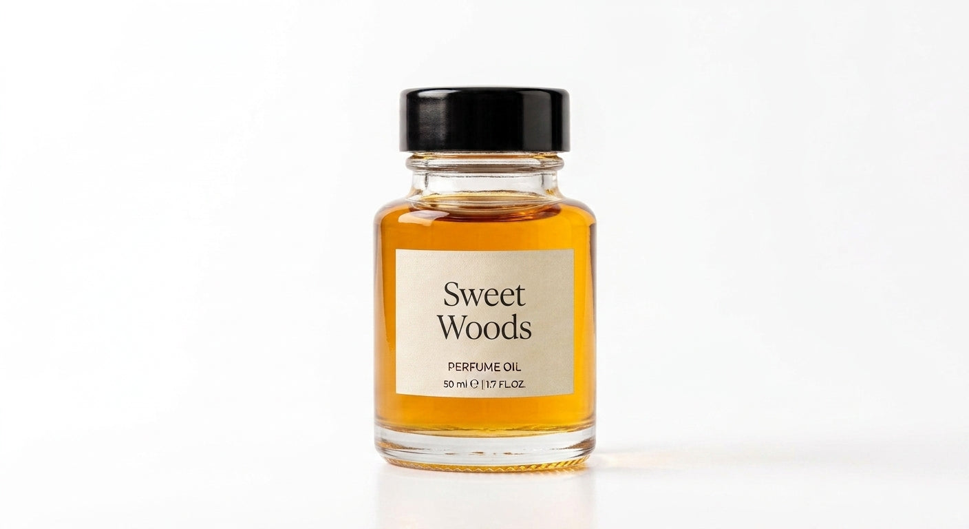 Sweet Woods perfume oil concentrate, amber liquid in a glass bottle with black cap and cream label
