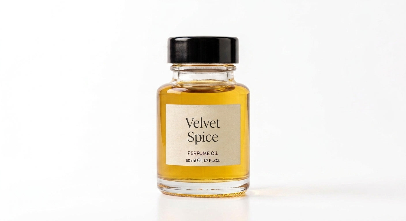 Velvet Spice perfume oil concentrate in a glass bottle with black cap and cream label